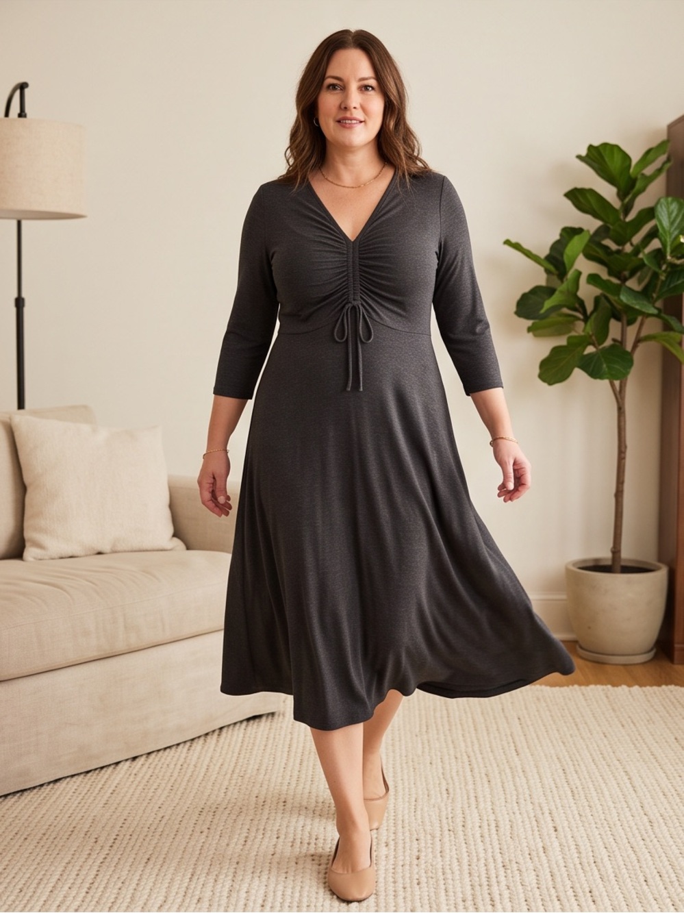 Figleaves Jersey Knit Dress Ruched Front Midi Dress 3/4 Sleeves Charcoal Gray 16